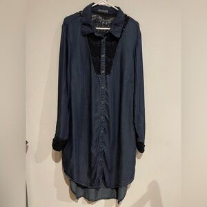 Standard Practice dark blue chambray high low shirt dress. Black lace de…